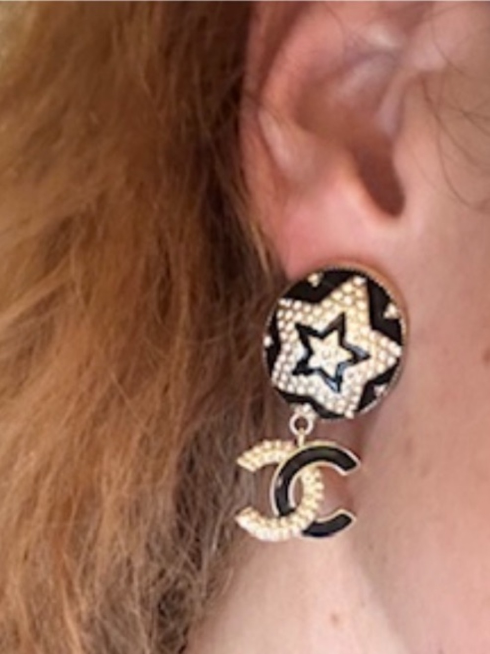 Star CC Chunky Drop Earrings Gold Black Enamel & Rhinestone